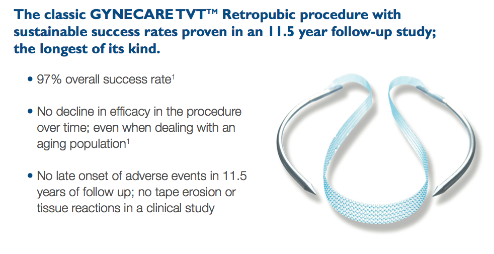 Gynecare TVT 97% Success rate. No decline in efficacy of procedure over time. No late onset adverse effects in 11.5 years of follow up.